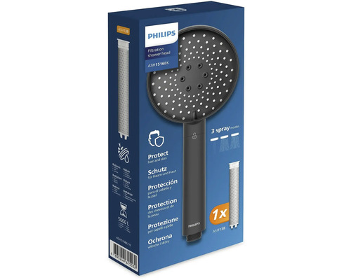 Sprchová hlavice s filtrem Philips ASH1516BK se třemi režimy proudu v obalu produktu