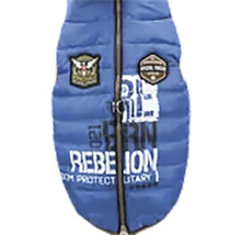 Modrá psí vesta se zipem a nášivkami