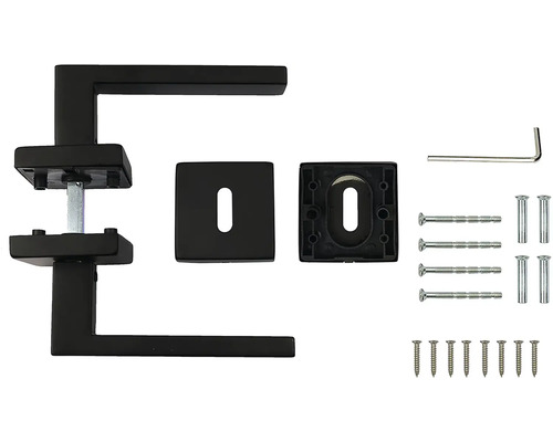 Černá klika dveří se montážním příslušenstvím