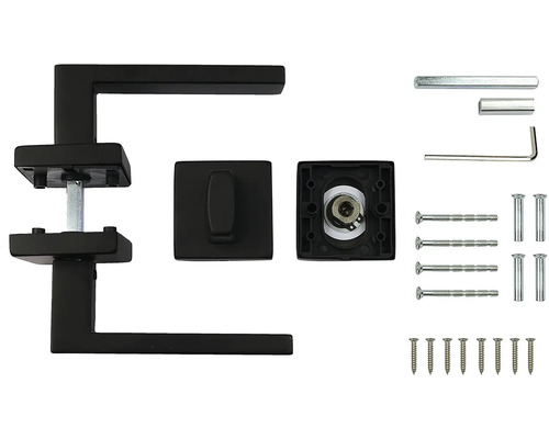 Sada dveřního kování s klikou, čtyřhranem a upevňovacím materiálem