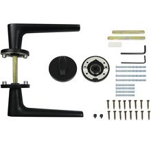 Sada dveřního kování s klikou, rozetou, šrouby a montážním příslušenstvím