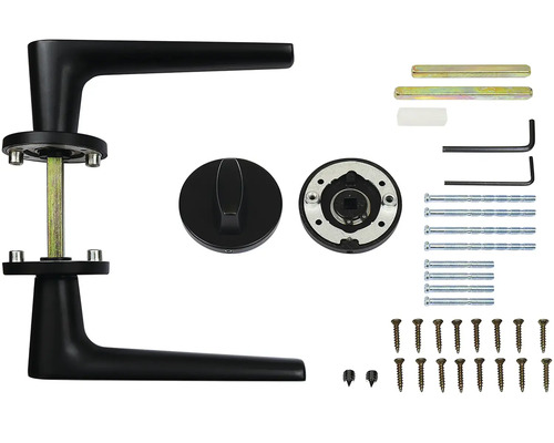 Sada dveřního kování s klikou, rozetou, šrouby a montážním příslušenstvím