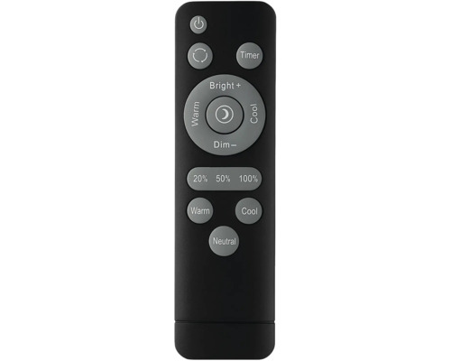 Černý dálkový ovladač s tlačítky pro zapnutí a vypnutí, časovač, jas, funkci stmívání a teplotu barev