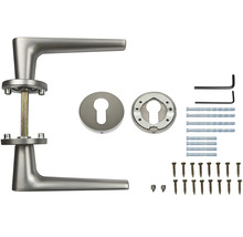 Sada dveřního kování s klikami, rozetami, šrouby a upevňovacím materiálem