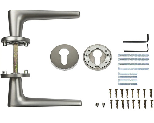 Sada dveřního kování s klikami, rozetami, šrouby a upevňovacím materiálem