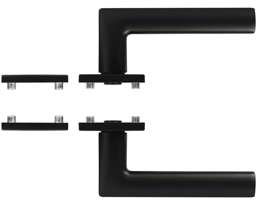 Černé kovové kliky ke dveřím s upevňovacím materiálem