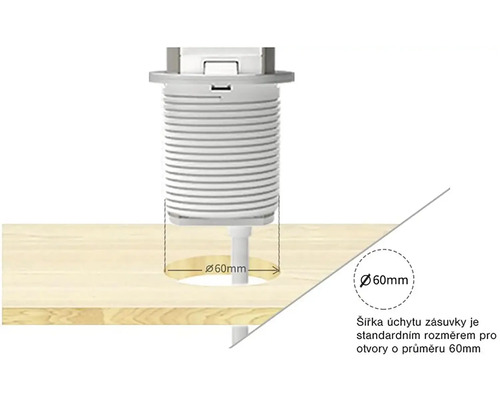 Vestavná zásuvka s požadovaným průměrem otvoru 60 milimetrů.