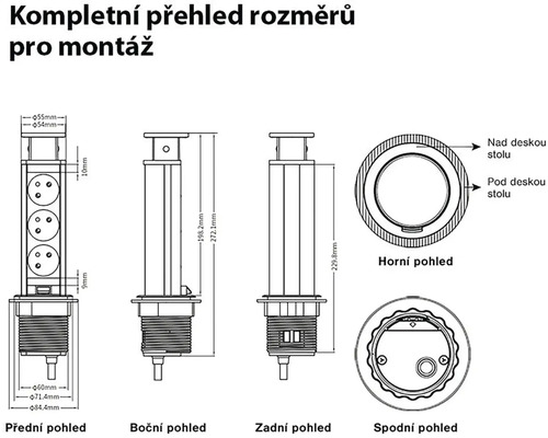 Kompletní přehled rozměrů pro montáž.