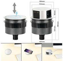 Zapuštěná zásuvková lišta s USB porty a funkcí bezdrátového nabíjení, s rozměry