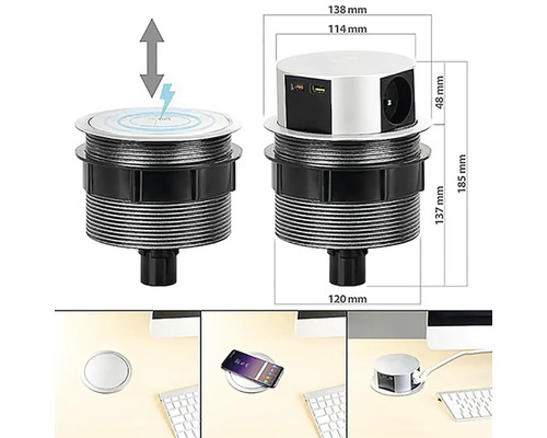 Zapuštěná zásuvková lišta s USB porty a funkcí bezdrátového nabíjení, s rozměry