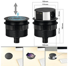 Zasouvací zásuvková jednotka s USB porty a funkcí bezdrátového nabíjení, rozměry zobrazeny