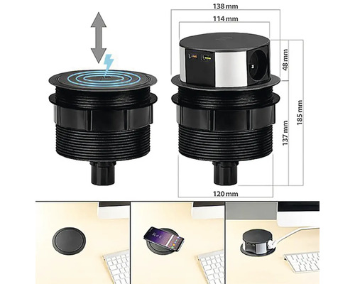Zasouvací zásuvková jednotka s USB porty a funkcí bezdrátového nabíjení, rozměry zobrazeny