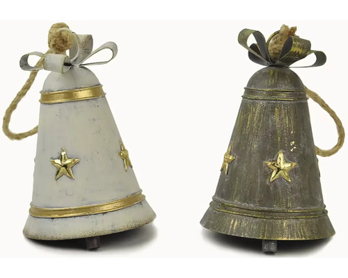 Dva ozdobné zvony s hvězdami a jutovým lanem k zavěšení