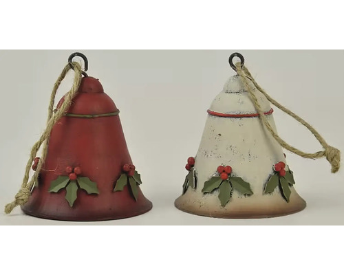 Dva dekorativní vánoční zvonky s motivem cesmíny a závěsnou šňůrou