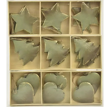 Sada ozdob na vánoční stromek s motivy hvězd, stromů a srdcí v dřevěné krabičce