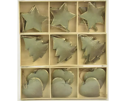 Sada ozdob na vánoční stromek s motivy hvězd, stromů a srdcí v dřevěné krabičce