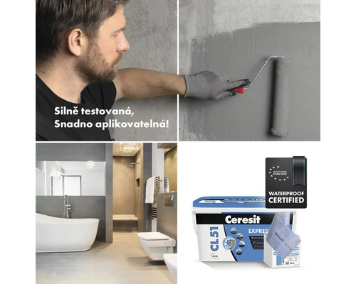 Aplikace hydroizolace válečkem, koupelna s vanou a toaletou, balení Ceresit CL 51 Express a pečeť s certifikací vodotěsnosti