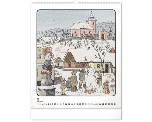 Nástěnný kalendář se zimním motivem vesnice
