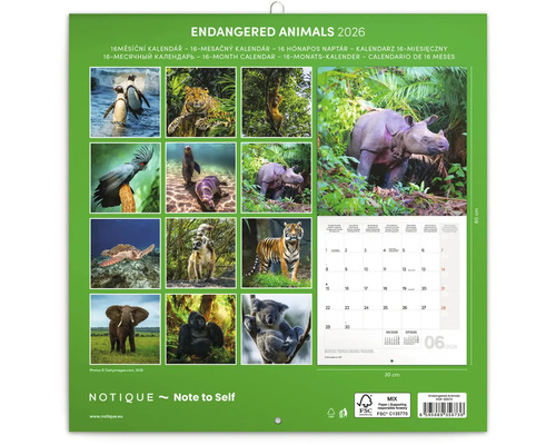 Kalendář Notique Endangered Animals 2026 s obrázky zvířat