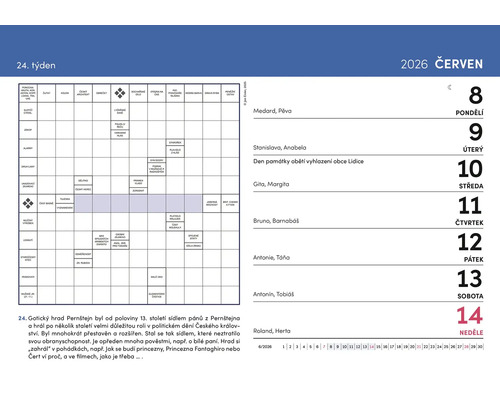 Kalendářní list červen 2026 se jmény a krátkými informacemi