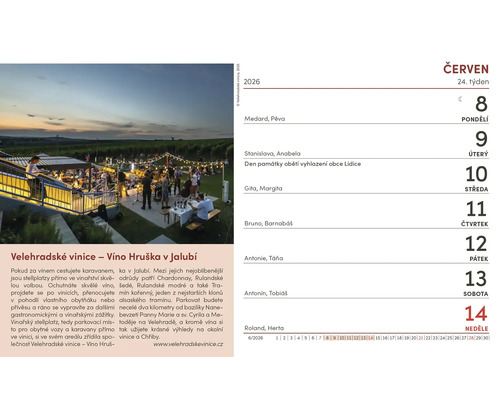 List kalendáře červen 2026 s obrázkem Velehradské vinice – Víno Hruška v Jalubí