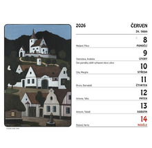List kalendáře červen 2026 s ilustrací vesnice s kostelem