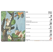 Kalendářní list červen 2026 s ilustrací chlapce lezoucího na strom a papouška nesoucího předmět