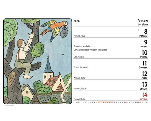 Kalendářní list červen 2026 s ilustrací chlapce lezoucího na strom a papouška nesoucího předmět