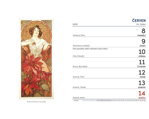 List kalendáře červen 2026 s ilustrací ve stylu Art Nouveau