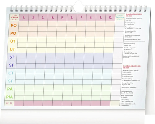 Školní kalendář s rozvrhem hodin a informacemi o školním roce 2025/2026 a 2026/2027.