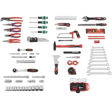 Sortiment různých ručních nástrojů, včetně kleští, šroubováků, kladiva, klíčů a měřicích nástrojů