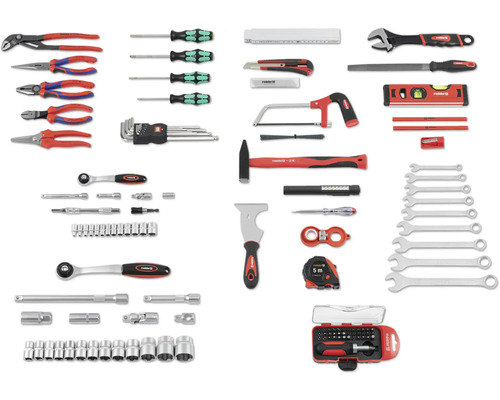 Sortiment různých ručních nástrojů, včetně kleští, šroubováků, kladiva, klíčů a měřicích nástrojů