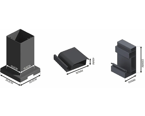 Obrázek produktu s rozměry pro sloupky plotu, krytku a držák.