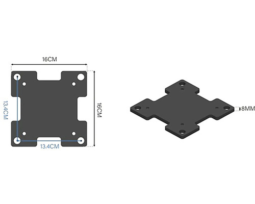 Obrázek montážní desky o rozměrech 16 x 16 cm s montážními otvory.