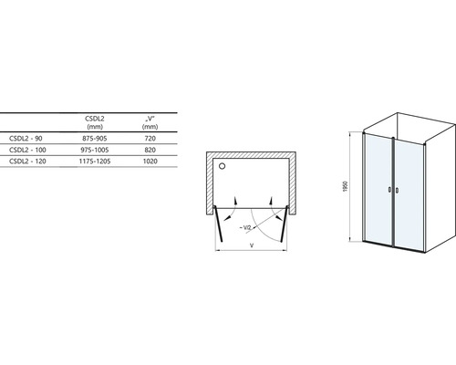 Technický nákres sprchy s rozměry