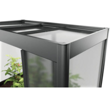 Detailní pohled na skleník s polykarbonátovými deskami a hliníkovým rámem