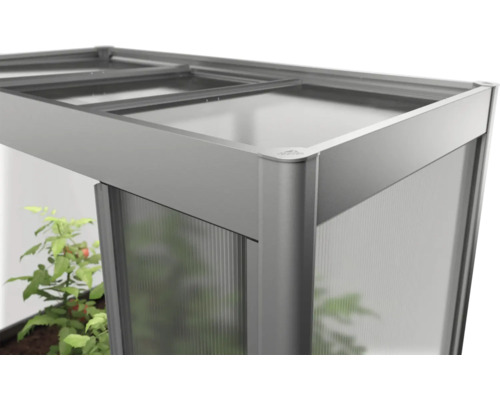 Detailní pohled na skleník s polykarbonátovými deskami a hliníkovým rámem