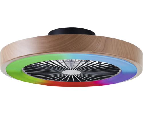 Stropní ventilátor s designem dřeva a barevným LED osvětlením
