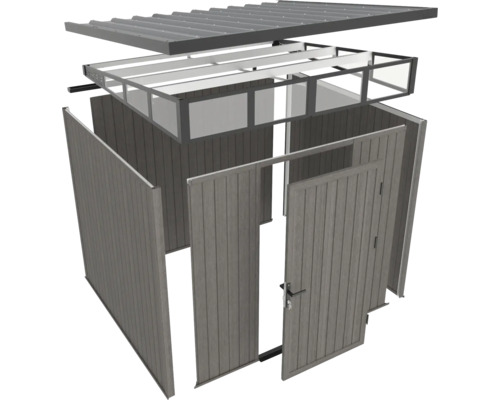 Rozložený pohled na zahradní domek s dveřmi, stěnami a střechou