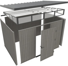 Rozložený pohled na zahradní domek se střechou, rámem a dřevěnými stěnami