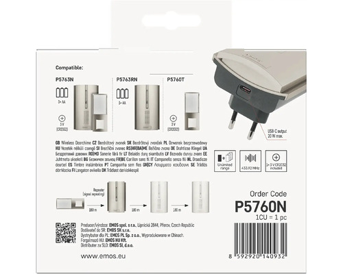 Balení bezdrátového zvonku EMOS P5760N s technickými detaily a informacemi o kompatibilitě.