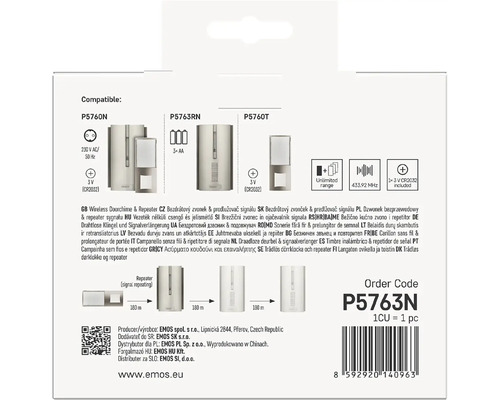 Balení s informacemi o kompatibilních modelech bezdrátového zvonku a prodlužovače signálu EMOS