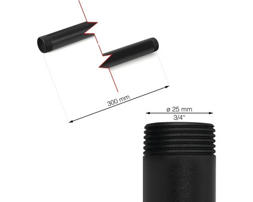 Černá závitová trubka o délce 300 milimetrů a průměru 25 milimetrů