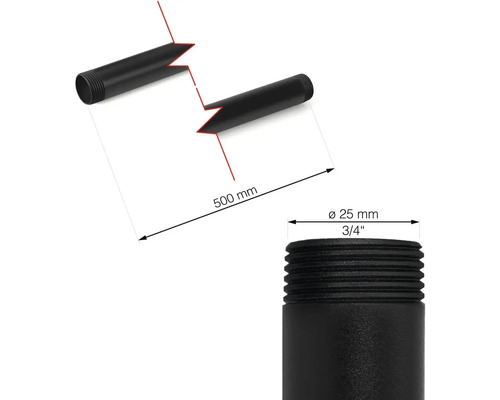 Obrázek černé závitové trubky o rozměrech 500 mm délky a 25 mm v průměru