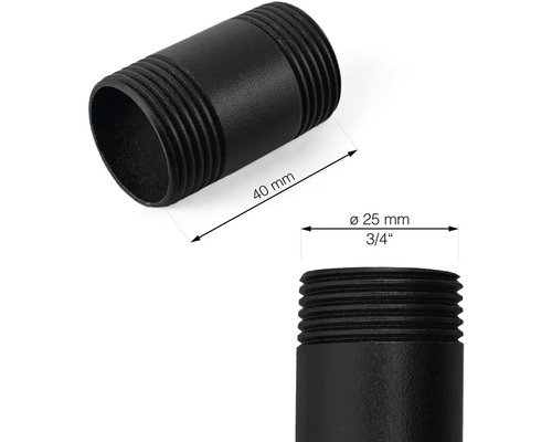 Černý fitinkový trubkový díl, délka 40 mm, průměr 25 mm