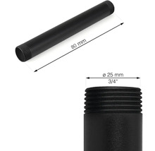 Obrázek černého závitového potrubí o rozměrech 80 mm délky a 25 mm průměru.