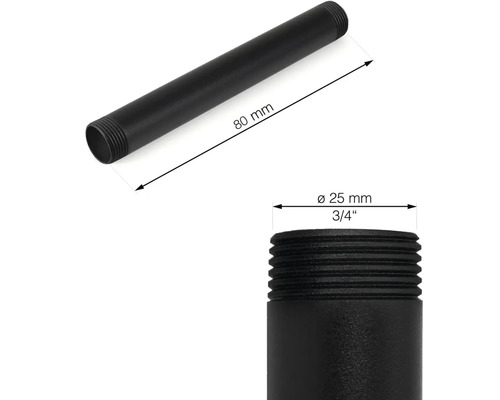Obrázek černého závitového potrubí o rozměrech 80 mm délky a 25 mm průměru.