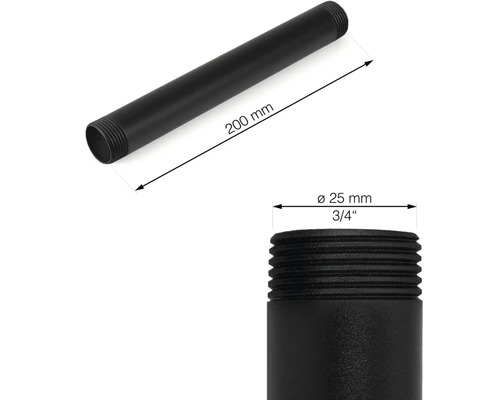Černá trubka o délce 200 mm o průměru 25 mm se závitem na obou koncích