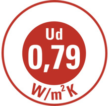 Hodnota Ud 0,79 W/m²K udává koeficient prostupu tepla
