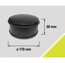 Černý dveřní doraz o průměru 110 milimetrů a výšce 60 milimetrů.